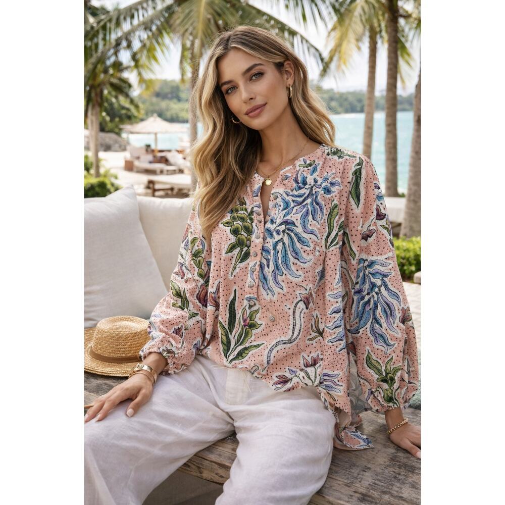 Lanhtropy Marrakech Gardens Linen Blouse XL Boho High Low Top